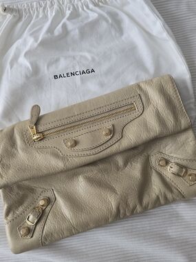 Balenciaga Beige Leather Fold-Over Clutch with Gold Hardware
